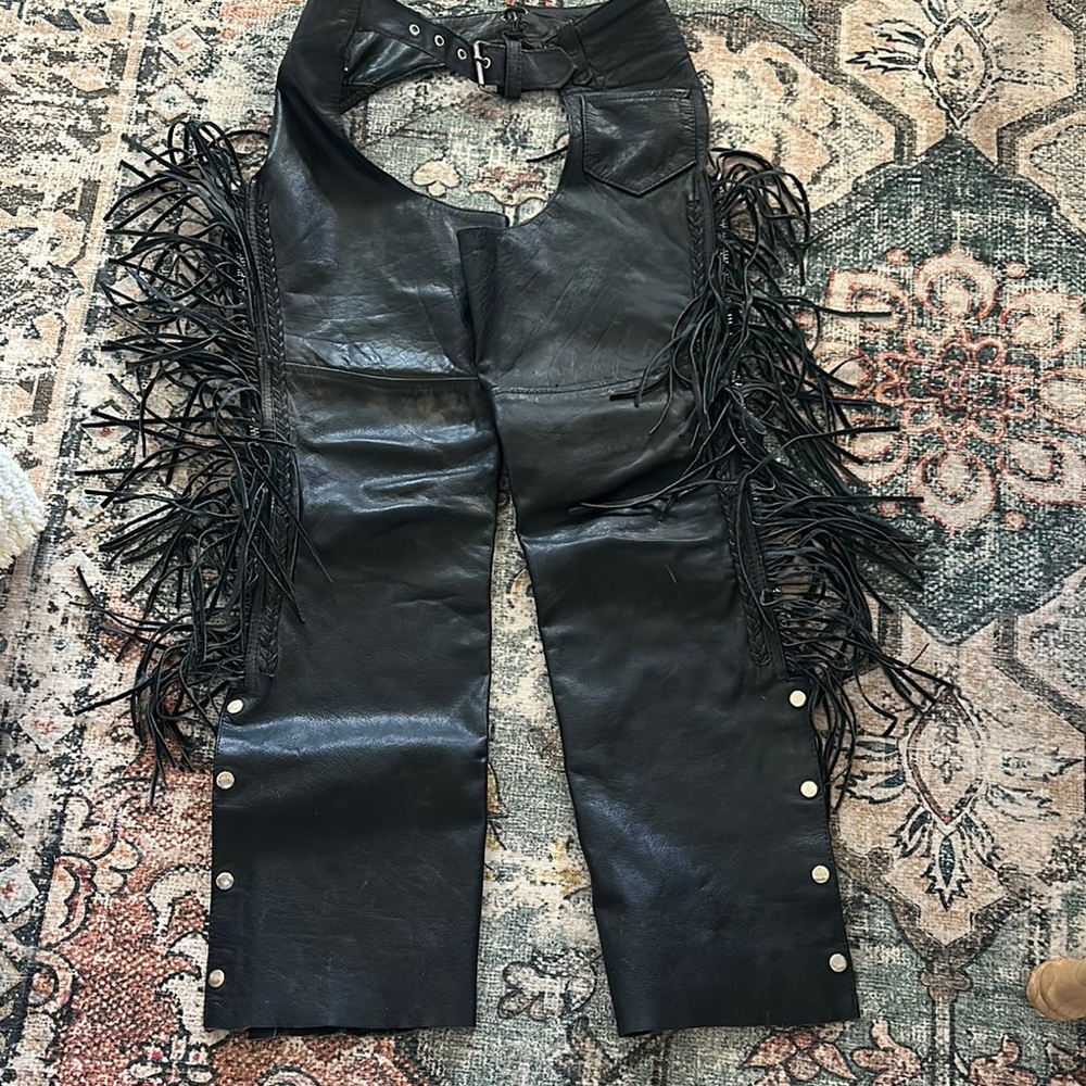 Black Leather Fringe Chaps